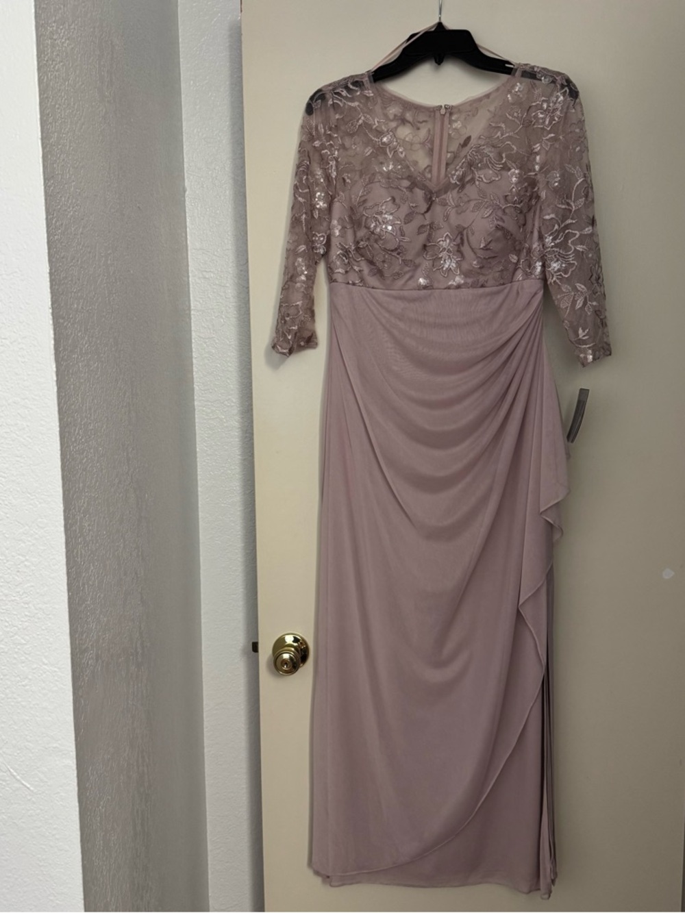 Alex Evenings Lace & Draped Chiffon Gown - Faded Rose, size 8P